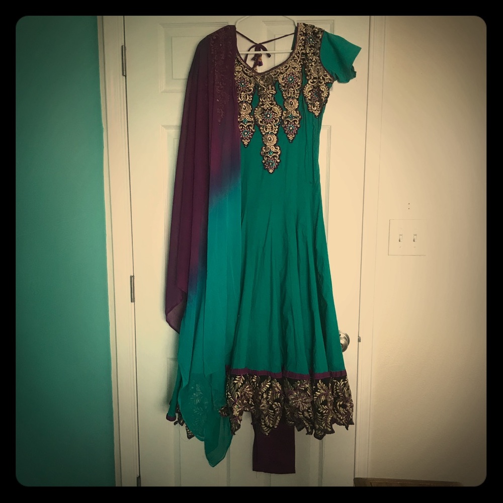 Teal Purple & Gold Anarkali Shalwar Dress